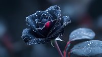 Mysterious dark blue rose with water droplets and red center in moody lighting, dramatic nature macro photography with dew drops on petals and leaves.