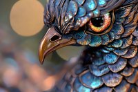 Mystical bird creature with iridescent blue and copper feathers in extreme macro closeup showing detailed eye, beak and intricate feather patterns against blurred background.