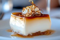 Creamy flan dessert with caramel sauce and almond garnish on white plate, elegant plated sweet treat for fine dining and culinary content.