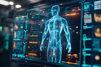 Futuristic medical interface showing holographic human anatomy scan with glowing blue visualization and diagnostic data on digital screens in dark setting.
