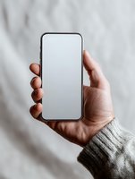 Hand holding blank smartphone with empty white screen for mockup design and app presentation on neutral background.