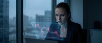 Professional businesswoman analyzing holographic data visualization with network connections in modern office environment for corporate technology presentations.
