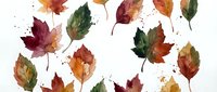 Watercolor autumn leaves in vibrant fall colors scattered on white background. Hand-drawn botanical elements for seasonal designs, greeting cards, scrapbooking.
