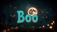 Spooky turquoise Boo text with full moon, flying bats and bokeh lights against dark night sky background. Halloween festive design for seasonal decoration.