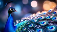 Majestic peacock displaying vibrant blue and turquoise feathers against blurred bokeh background, close-up portrait showing iridescent plumage and distinctive head crest.