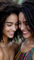 Two young diverse women sharing intimate moment with genuine smiles and closed eyes, foreheads touching in tender friendship embrace outdoors.