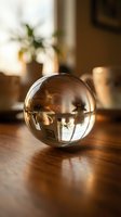 Clear crystal sphere on wooden table reflecting warm interior lighting creating magical ambiance for meditation and mindfulness practices.