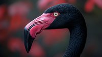 Close-up portrait of a lesser flamingo with dark plumage and vibrant pink beak against a blurred red background, showcasing exotic wildlife in natural habitat.