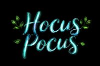 Hocus Pocus lettering with green leaves on black background. Magic spell typography for Halloween decorations, witchcraft designs and seasonal projects.