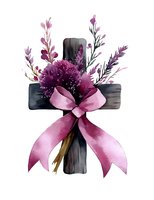 Rustic wooden cross adorned with purple wildflowers and pink silk bow, watercolor style illustration on white background. Isolated design for religious cards.