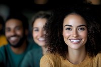 Young African American woman with natural curly hair and bright smile wearing yellow sweater, with diverse friends in background, expressing joy and friendship.