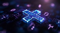 Glowing blue cross symbol on digital circuit board with bokeh lights and technology pattern background, representing healthcare technology innovation.
