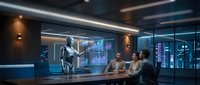 Futuristic business meeting with holographic AI robot presenting data analytics to diverse team in modern conference room with blue lighting and glass walls.