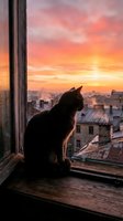 Black cat silhouette sitting on wooden windowsill gazing at dramatic sunset over urban rooftops. Moody atmospheric scene for editorial, lifestyle, and contemplative design projects.
