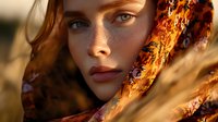 Young woman with freckles and intense gaze in golden sunlight, face partially covered by autumn leaves creating dramatic natural lighting and shadows.