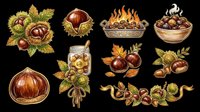 Chestnuts roasted in decorative bowl with autumn leaves, isolated on transparent background, ready for t-shirt design, clipart, stickers, print-on-demand products and sublimation projects.
