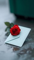 Vibrant red rose with water droplets resting on mint green envelope against dark surface, creating romantic atmosphere for Valentine's Day or anniversary designs.