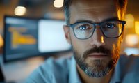 Professional male with beard and glasses working late at office, illuminated by warm ambient light and computer screen glow, close-up portrait showing focused expression.