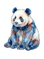 Watercolor panda cub sitting with blue and rust tones on white background, isolated artwork suitable for children's designs, nursery decor, and apparel printing.