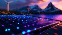 Solar panels glowing with blue and purple lights against mountain landscape at sunset, wind turbines in background, renewable energy concept visualization.