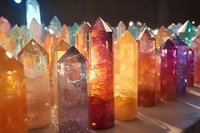 Colorful crystal quartz points in various shades standing upright with natural light illumination, creating magical healing energy atmosphere for spiritual practices.