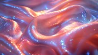 Luminous coral and blue abstract waves with glowing particles create mesmerizing fluid motion background for luxury design and creative projects.