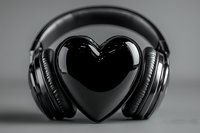 Black heart shape surrounded by over-ear headphones on neutral background. Isolated design element suitable for music, love, audio, and entertainment graphics.
