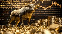Bronze bull statue standing on golden coins against financial chart background showing market trends and trading data for investment concept.