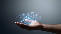 Businessman hand holding digital tablet with glowing holographic icons representing data analytics, security, and financial growth for technology solutions.