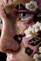 Close-up of face with intricate floral embroidery art in pink, white, and gold, showcasing creative makeup for fashion, beauty, and theatrical concepts.