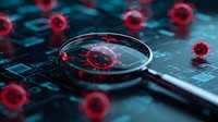 Magnifying glass on computer circuit board with floating red virus cells against dark blue background showing digital health technology concept.