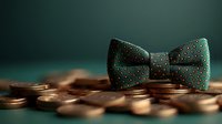 Elegant green polka dot bow tie placed on scattered gold coins against dark background, symbolizing luxury fashion and financial success in business attire.