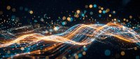 Digital wave of glowing particles and light trails flowing across dark background, representing data flow, technology, innovation, and digital transformation for tech and business applications.