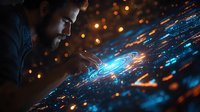 Young bearded man looking at glowing futuristic holographic interface with orange and blue light effects against dark background, digital technology concept.