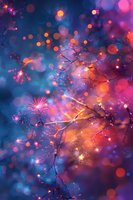 Dreamy winter branches with colorful bokeh lights creating magical atmosphere for holiday backgrounds and festive designs.