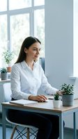 Professional businesswoman in white shirt working at modern office desk with plants and natural light from large windows.