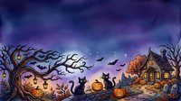 Spooky autumn night scene with gnarled tree, black cats, jack-o-lanterns, haunted cottage and flying bats against purple twilight sky. Halloween celebration artwork.