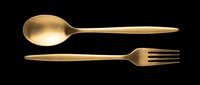 Elegant gold spoon and fork set isolated on transparent background, ready for t-shirt designs, clipart, stickers, print-on-demand products, and sublimation projects.