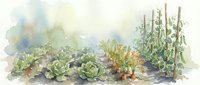 Watercolor garden bed with fresh vegetables including cabbage, carrots and tomato plants growing in rich soil with soft pastel background for organic farming.