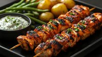 Grilled salmon kebabs with charred edges and herbs served alongside baby potatoes, green beans and creamy dill sauce on dark plate, close up food photography.