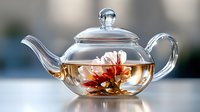 Glass teapot with blooming flower tea against blurred background, showing delicate petals unfurling in golden-hued water, capturing serene tea ceremony moment.