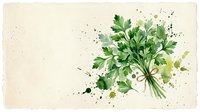 Watercolor bunch of fresh green parsley tied with twine on aged paper background, with artistic paint splashes for culinary and botanical design.