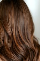 Luxurious brown hair with caramel highlights showcasing smooth waves and healthy shine for beauty and haircare concepts.