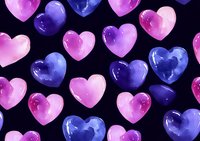 Glossy pink and purple heart shapes scattered on black background create romantic pattern for valentines designs, wedding invitations and love themes.