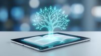 Digital tree growing from tablet screen with glowing leaves, representing technology, innovation, and growth. Suitable for business, education, and digital transformation concepts.