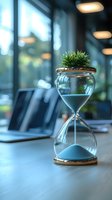 Creative hourglass with green plant growing on top and blue sand inside, on office desk with laptop in background, symbolizing time management and growth.