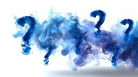 Blue question marks emerging from swirling smoke against white background, mystery concept visualization for business presentations and problem-solving illustrations.