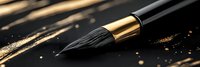 Professional black makeup brush with golden ferrule and scattered gold glitter particles on dark background, dramatic lighting creates luxury cosmetic atmosphere.