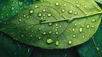 Fresh green leaf covered with water droplets and morning dew, ideal for nature, environmental, and botanical design projects.