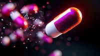 Glowing purple and white medical capsule floating on dark background with sparkles and bokeh lights creating magical pharmaceutical atmosphere.